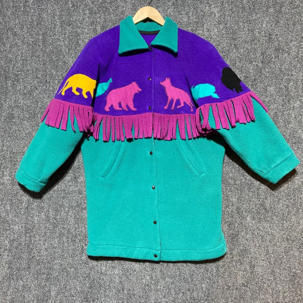 Vintage Cindy Owings Designs Fleece Jacket Fringe Animal‎ Applique Purple Teal L